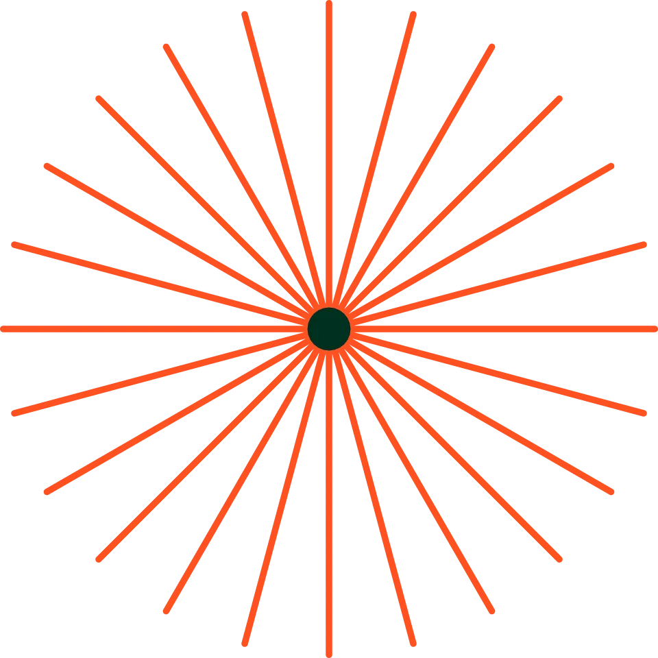 Orange radial lines evenly spaced around a central black circle on a black background, forming a starburst pattern.