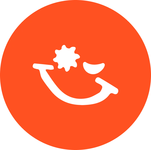 Black stylized smiling face with one round eye and one crescent-shaped eye on an orange circular background.
