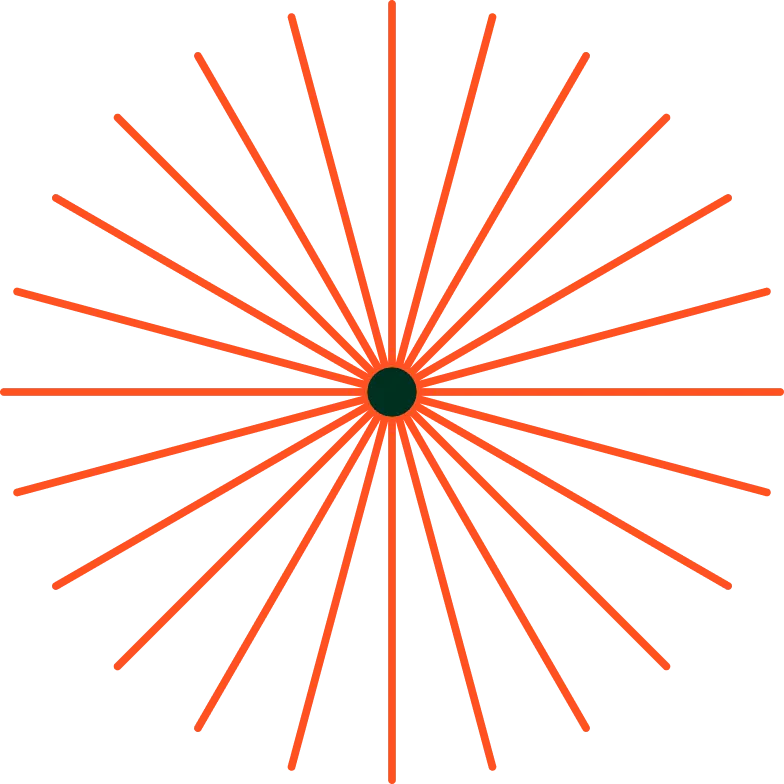 Orange radial spokes evenly radiate from a central dark circle on a black background.