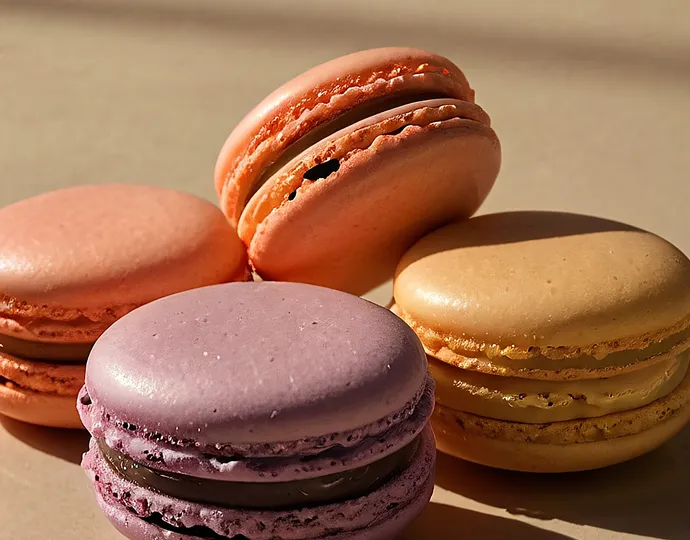 Close-up of four colorful macarons in pink, purple, orange, and beige arranged on a light surface.