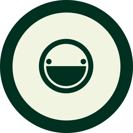 Dark green circular smiley face with two dots for eyes and a large open mouth on a light circular background.