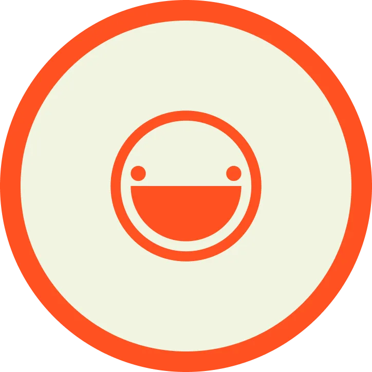 Smiling face icon with a wide open mouth and two eyes, inside a beige circle with an orange border.