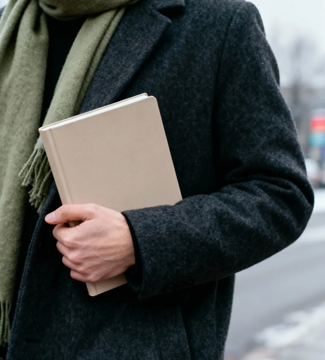 Person wearing a dark coat and green scarf holding a beige hardcover book while standing outdoors.