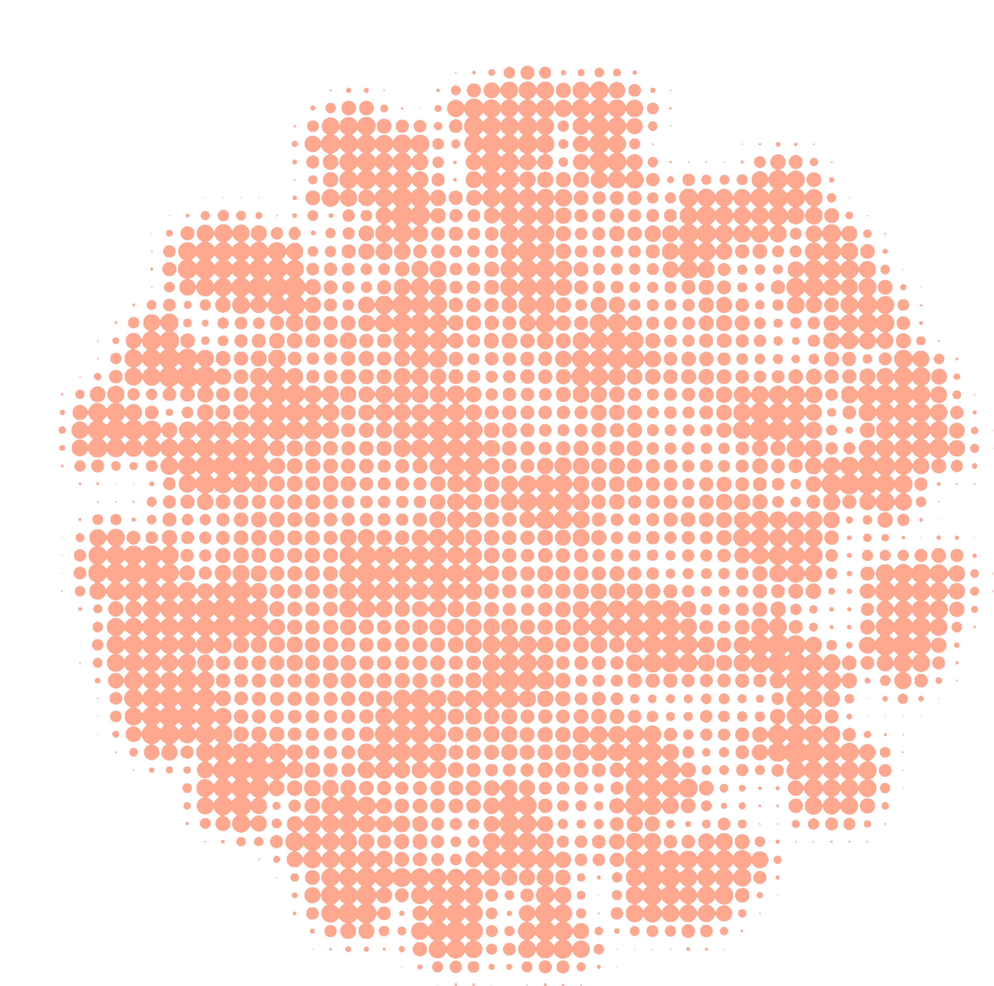 Orange halftone dotted abstract circular pattern on black background.