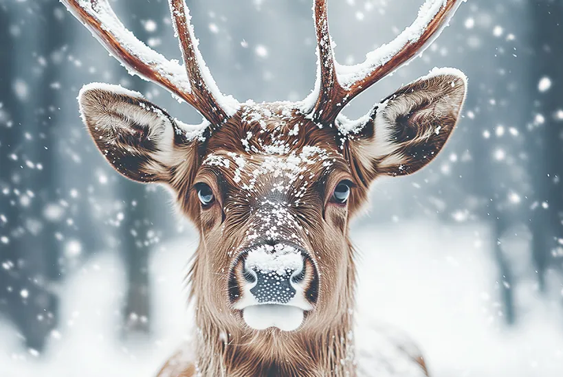 Close-up of a deer with snow on its nose and antlers in a snowy forest.