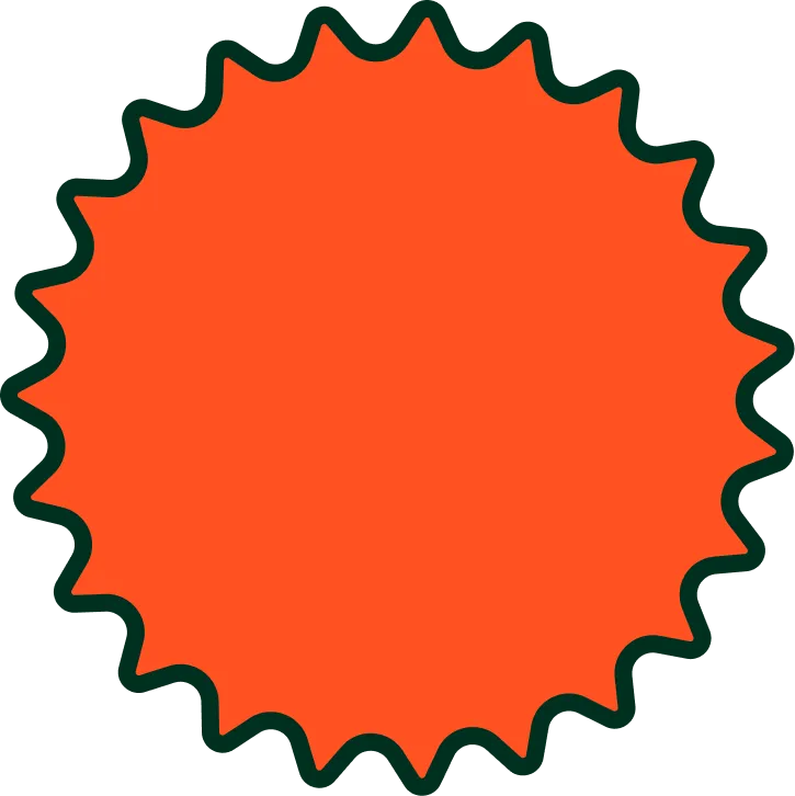 Solid orange starburst shape with a dark green outline and wavy edges.