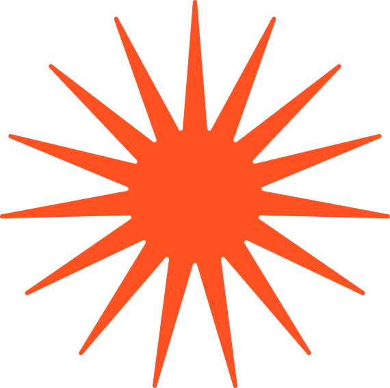 Orange starburst shape with sixteen pointed rays extending outward evenly.