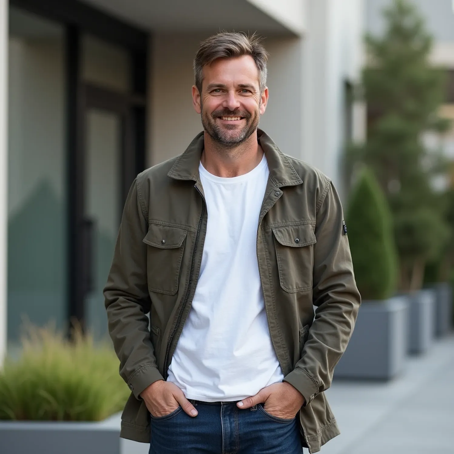 Smiling man with short hair and beard wearing a green jacket and white t-shirt standing outdoors with hands in pockets.